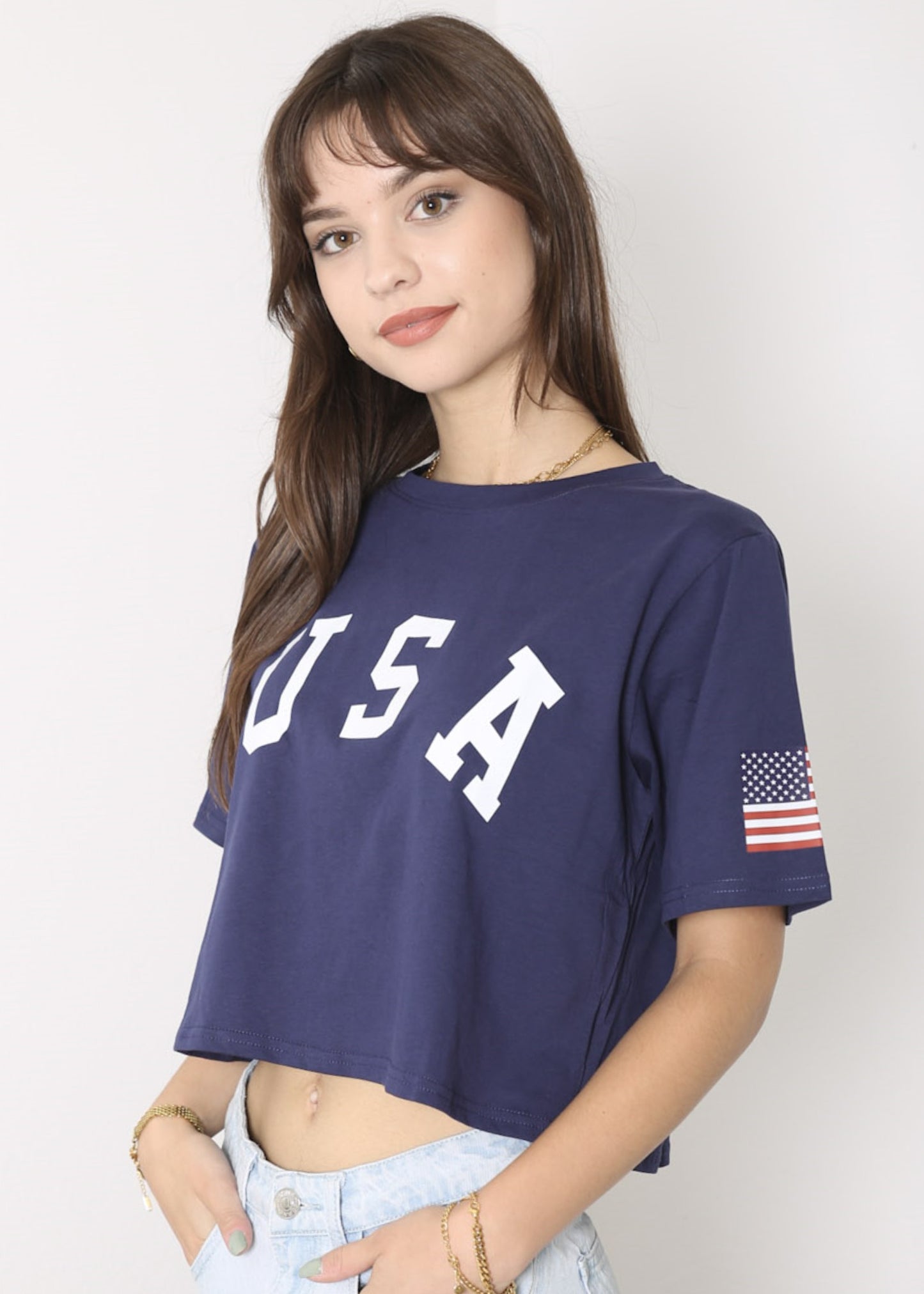 Camiseta de manga corta con estampado de letras para mujer de Anna-Kaci con la bandera de EE. UU. del 4 de julio