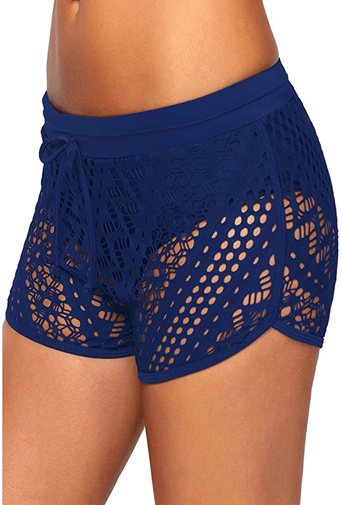 Womens Side Split Waistband Bokini Swim Lace Shorts with Panty Liner