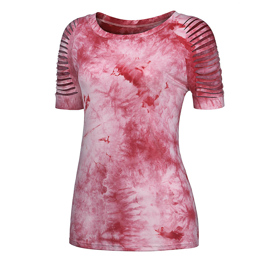 Top holgado de manga corta con estampado tie-dye y rasgado