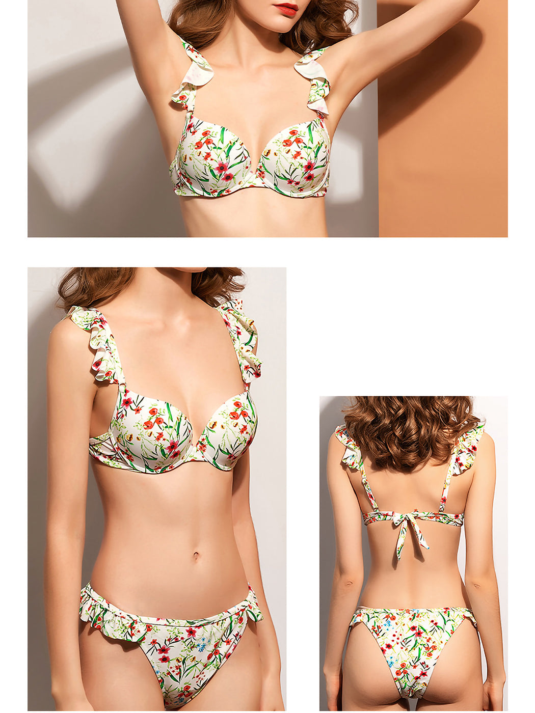Conjunto de bikini de cintura baja con estampado floral y volantes de dos piezas