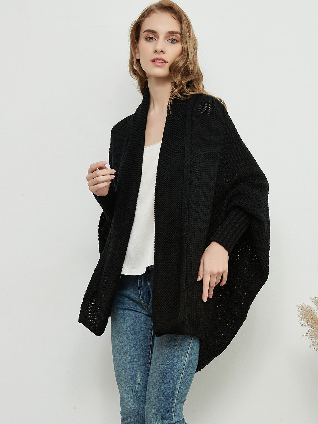 Women Batwing Sleeve Sweater Open Front Kimono Oversized Wrap Cardigan