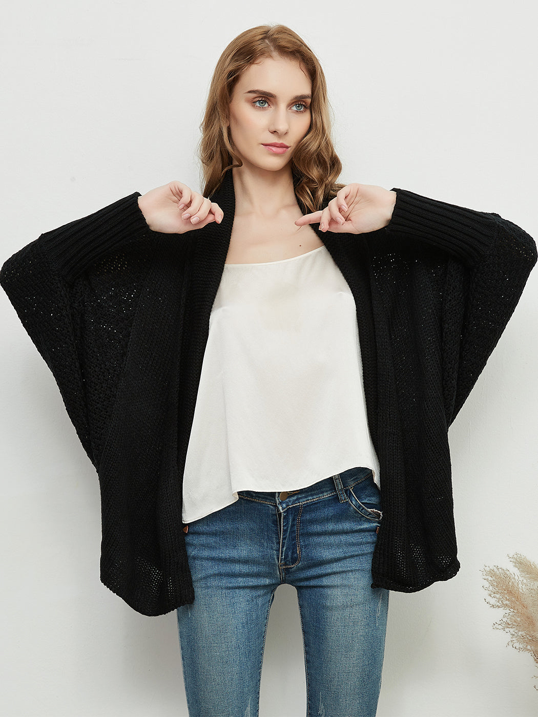 Women Batwing Sleeve Sweater Open Front Kimono Oversized Wrap Cardigan