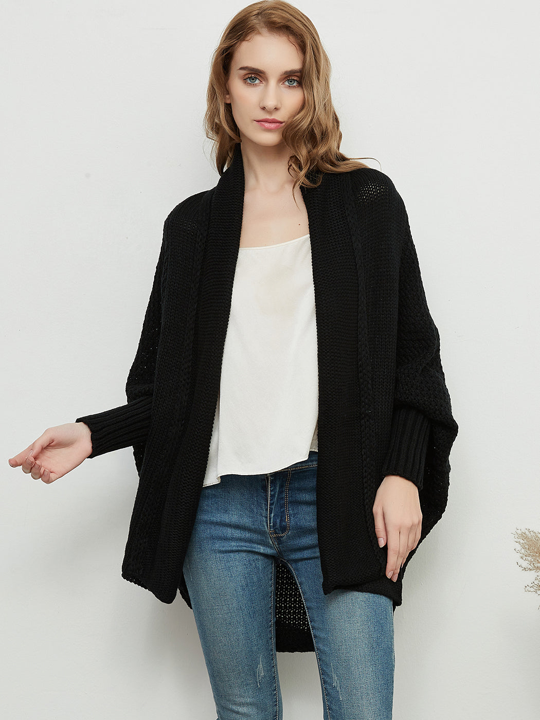 Women Batwing Sleeve Sweater Open Front Kimono Oversized Wrap Cardigan
