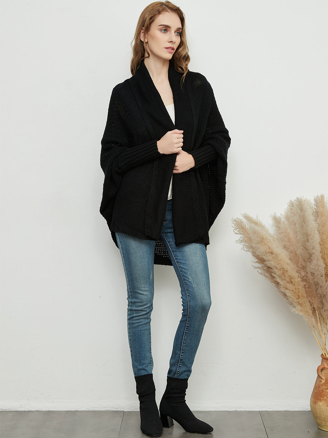 Women Batwing Sleeve Sweater Open Front Kimono Oversized Wrap Cardigan