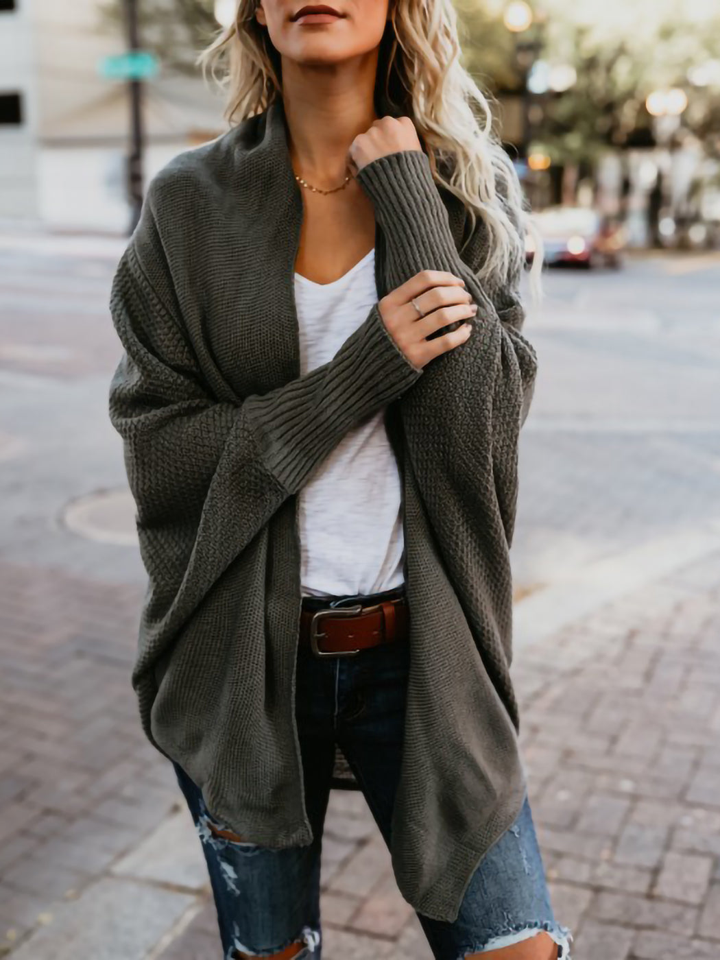 Women Batwing Sleeve Sweater Open Front Kimono Oversized Wrap Cardigan