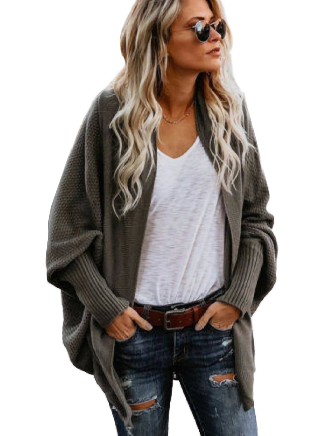 Women Batwing Sleeve Sweater Open Front Kimono Oversized Wrap Cardigan