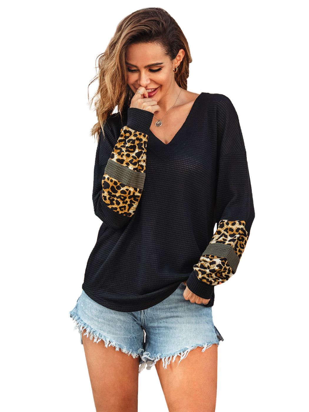 Suéteres casuales suaves de otoño e invierno con cuello en V, ligeros, de manga larga y estampado de leopardo