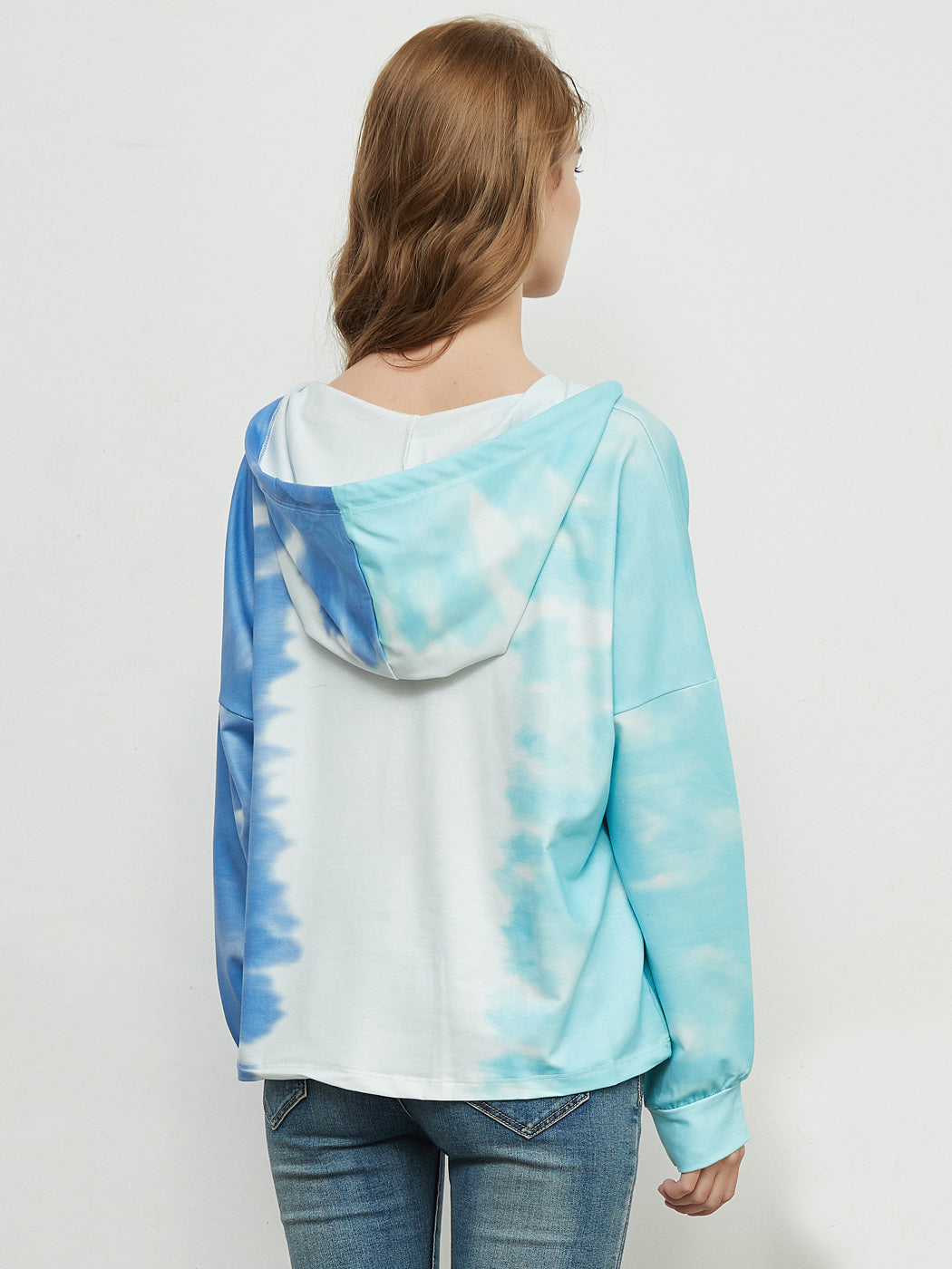 Sudadera holgada con estampado tie dye, cuello en V, manga larga, sudadera con capucha