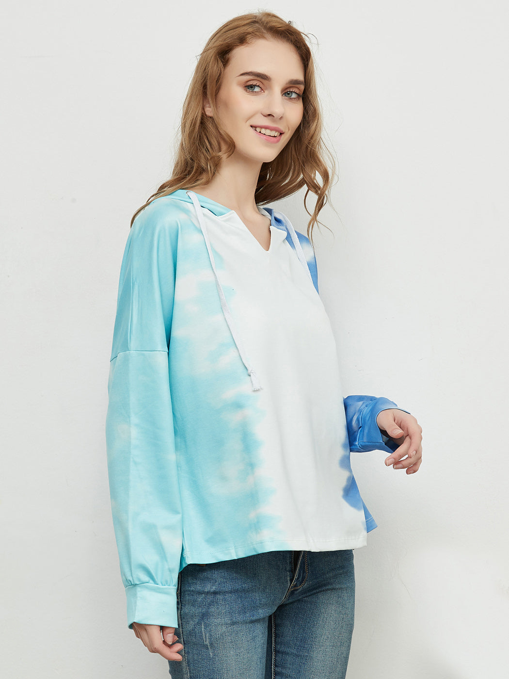 Sudadera holgada con estampado tie dye, cuello en V, manga larga, sudadera con capucha