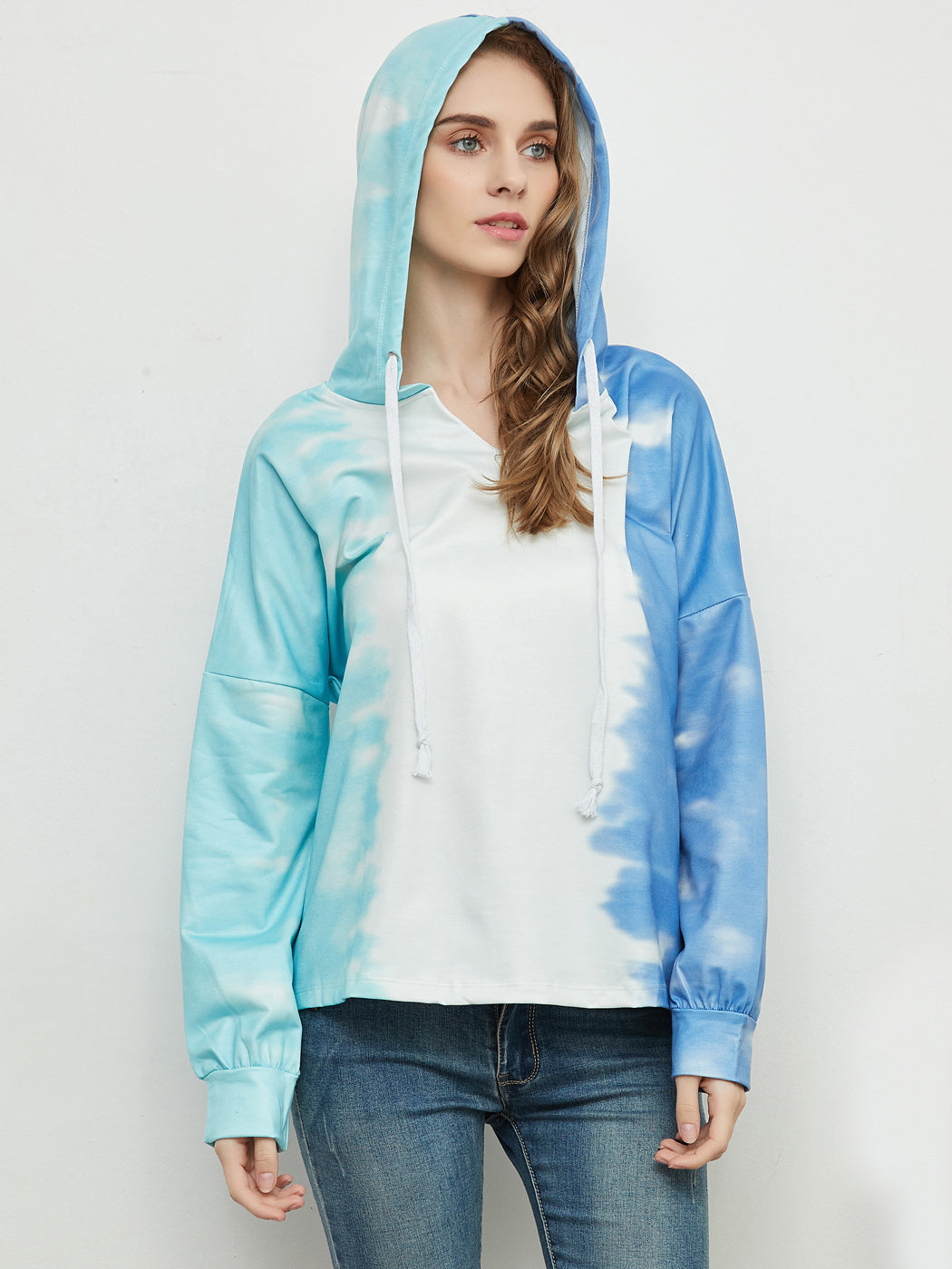 Sudadera holgada con estampado tie dye, cuello en V, manga larga, sudadera con capucha