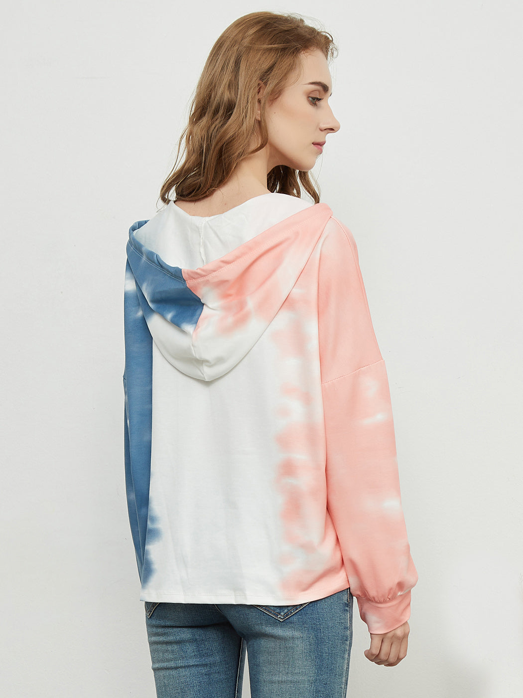 Sudadera holgada con estampado tie dye, cuello en V, manga larga, sudadera con capucha