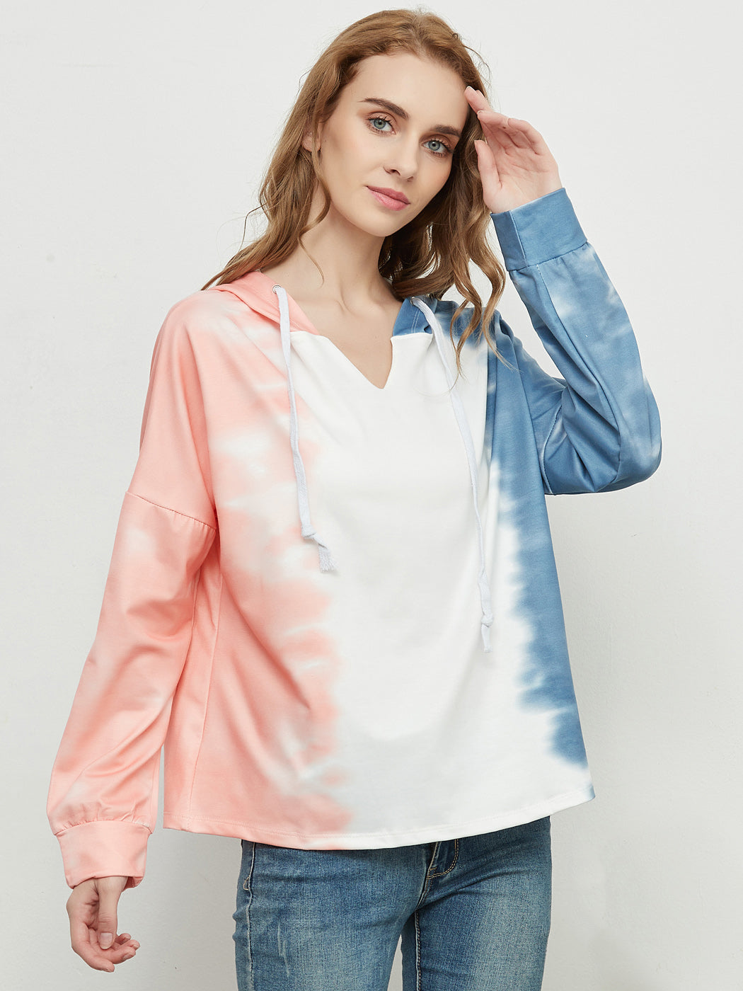 Sudadera holgada con estampado tie dye, cuello en V, manga larga, sudadera con capucha
