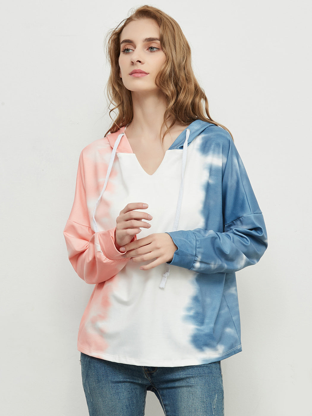 Sudadera holgada con estampado tie dye, cuello en V, manga larga, sudadera con capucha