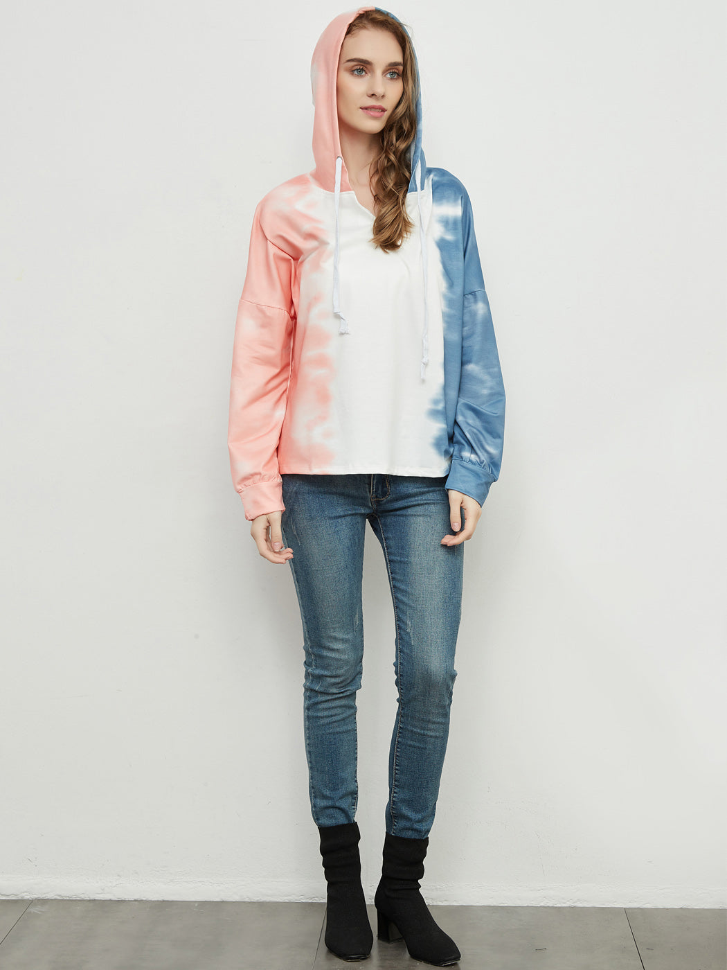 Sudadera holgada con estampado tie dye, cuello en V, manga larga, sudadera con capucha