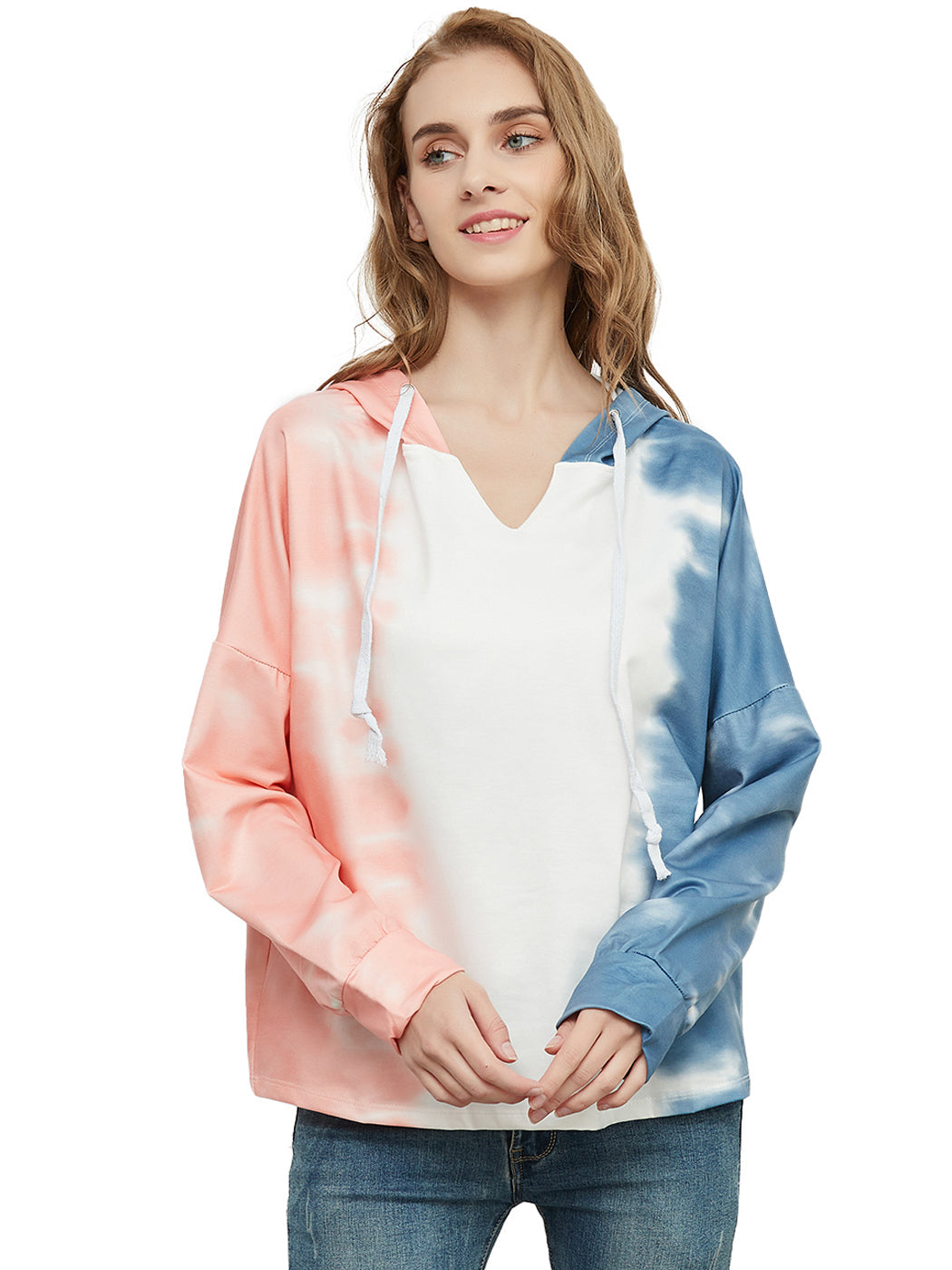 Sudadera holgada con estampado tie dye, cuello en V, manga larga, sudadera con capucha