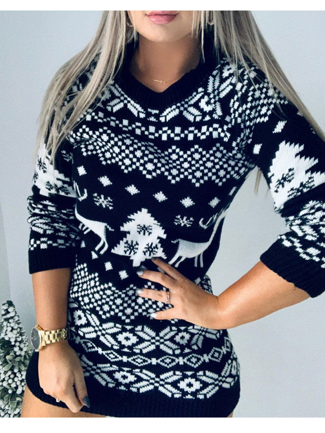 Christmas Sweater Long Sleeve Reindeer Tree Snowflakes Patterns Knit Sweater Dress