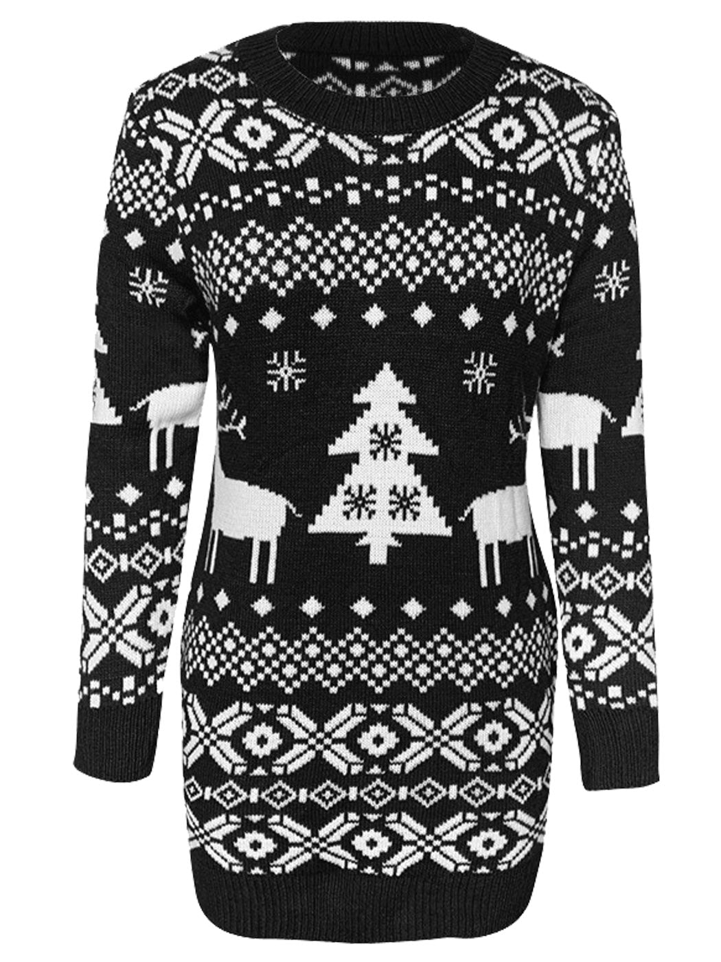 Christmas Sweater Long Sleeve Reindeer Tree Snowflakes Patterns Knit Sweater Dress