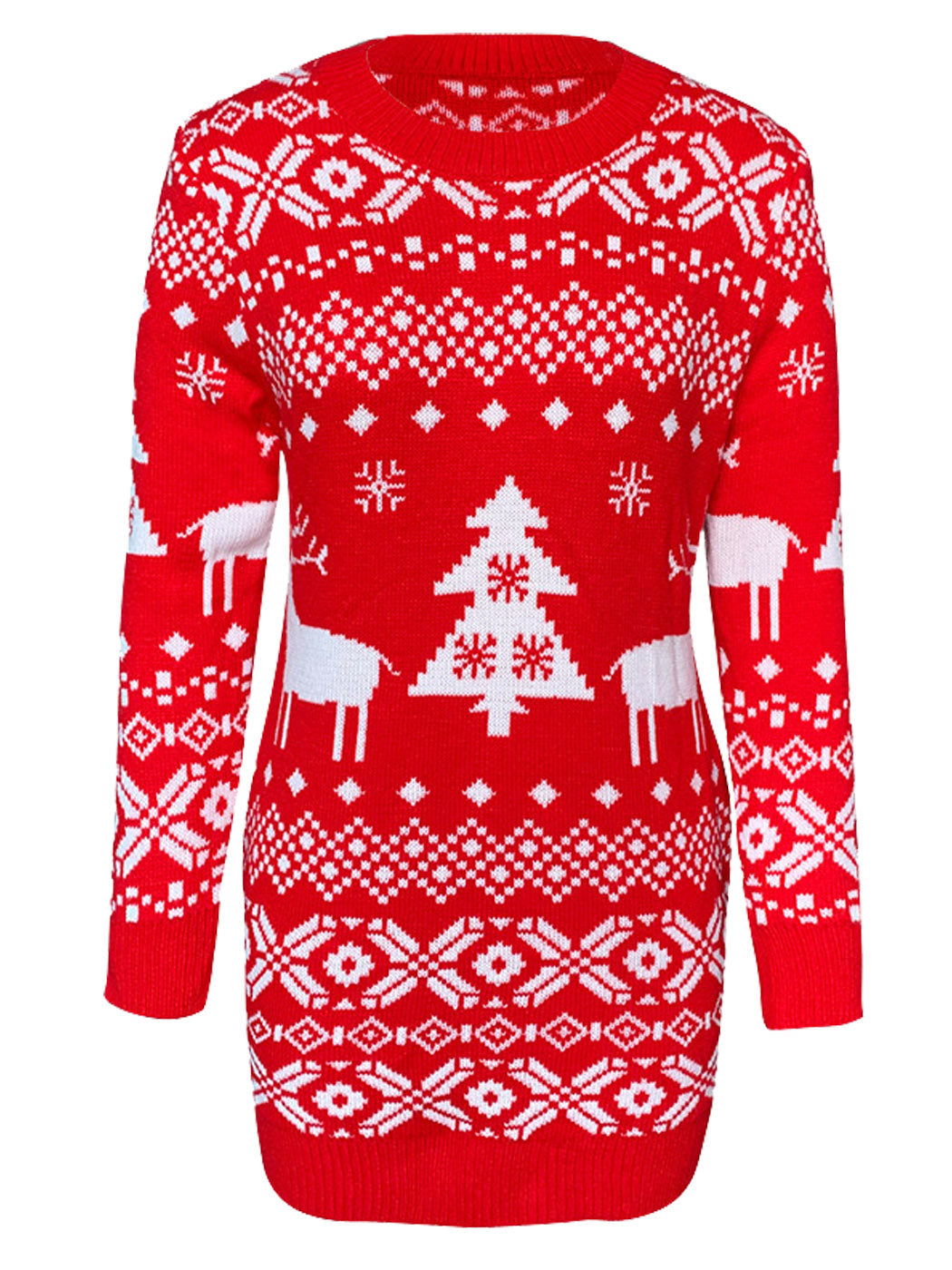 Christmas Sweater Long Sleeve Reindeer Tree Snowflakes Patterns Knit Sweater Dress