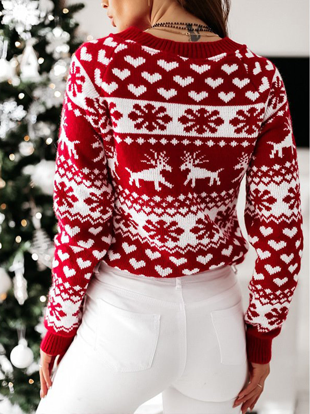 Christmas Sweater Long Sleeve Reindeer Snowflakes Patterns Pullover Tops