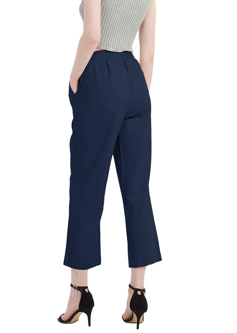 Pantalones capri de lino liso con cordón ajustable y cintura elástica de 4 bolsillos