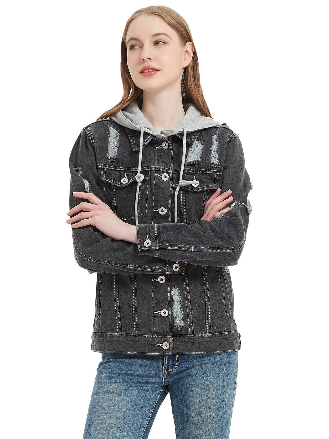 Chaqueta vaquera desgastada con capucha desmontable