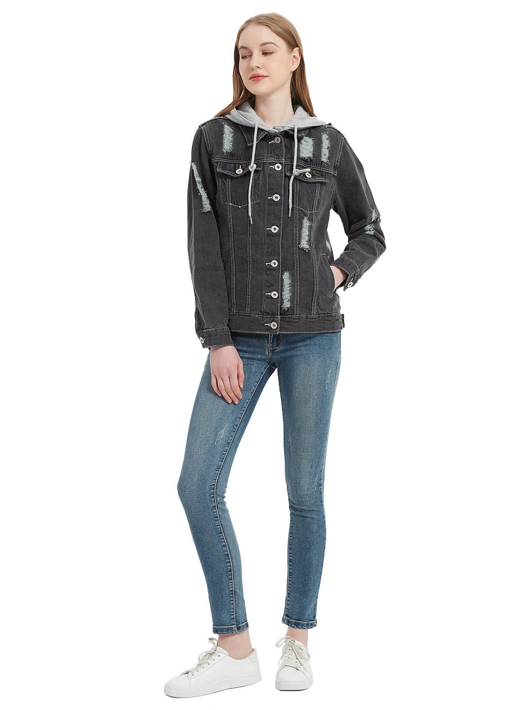 Chaqueta vaquera desgastada con capucha desmontable