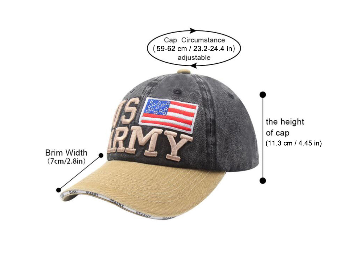 Gorra de béisbol ajustable de algodón con bordado de letras del ejército de EE. UU. con bandera estadounidense para hombres y mujeres