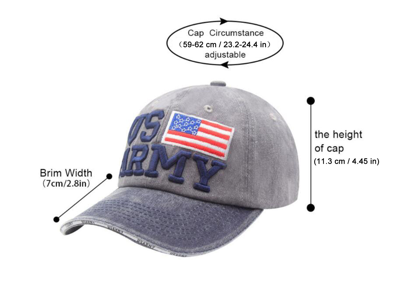 Gorra de béisbol ajustable de algodón con bordado de letras del ejército de EE. UU. con bandera estadounidense para hombres y mujeres
