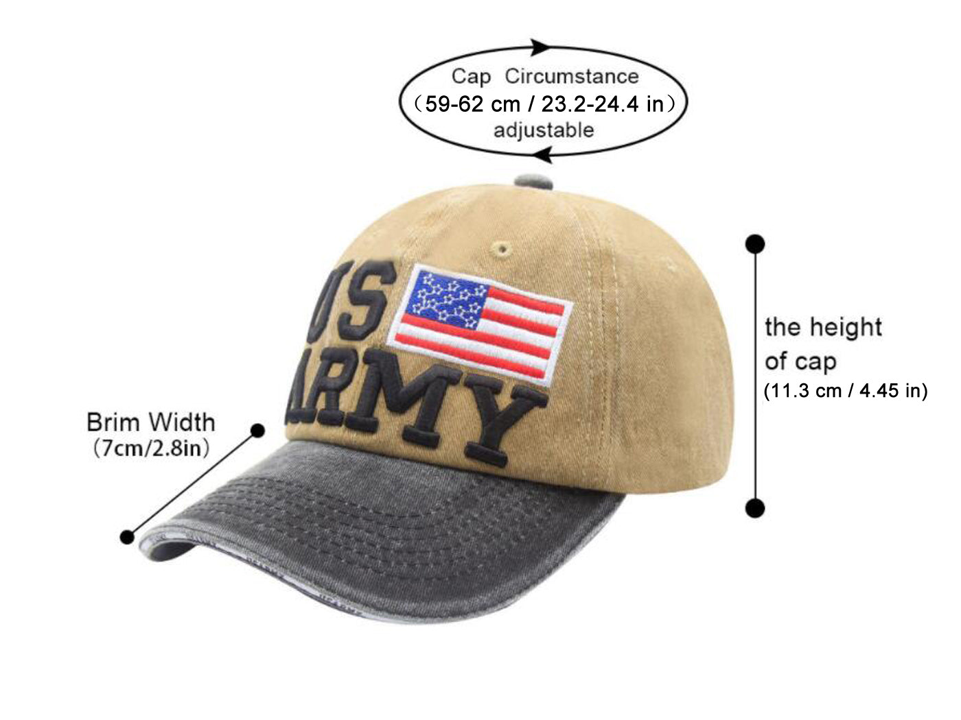 Gorra de béisbol ajustable de algodón con bordado de letras del ejército de EE. UU. con bandera estadounidense para hombres y mujeres