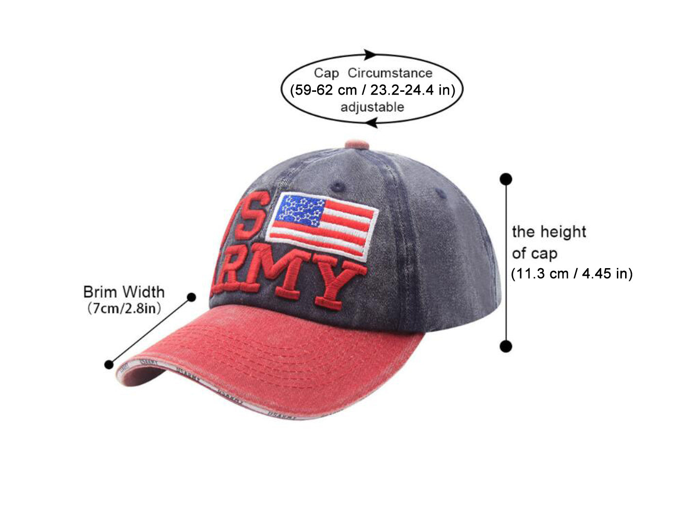Gorra de béisbol ajustable de algodón con bordado de letras del ejército de EE. UU. con bandera estadounidense para hombres y mujeres