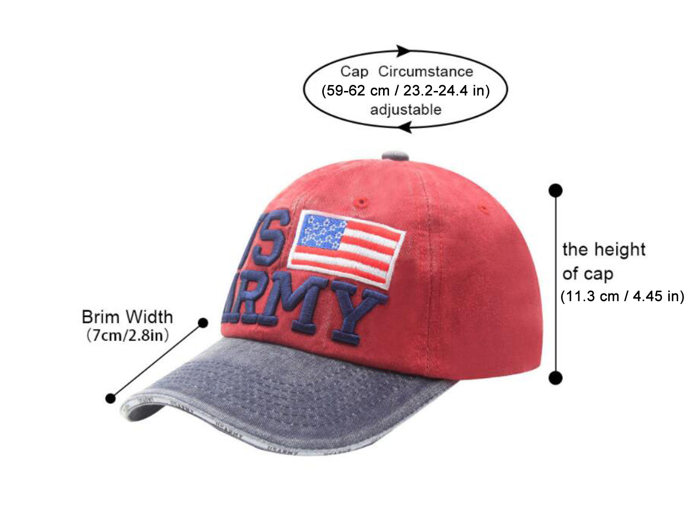 Gorra de béisbol ajustable de algodón con bordado de letras del ejército de EE. UU. con bandera estadounidense para hombres y mujeres