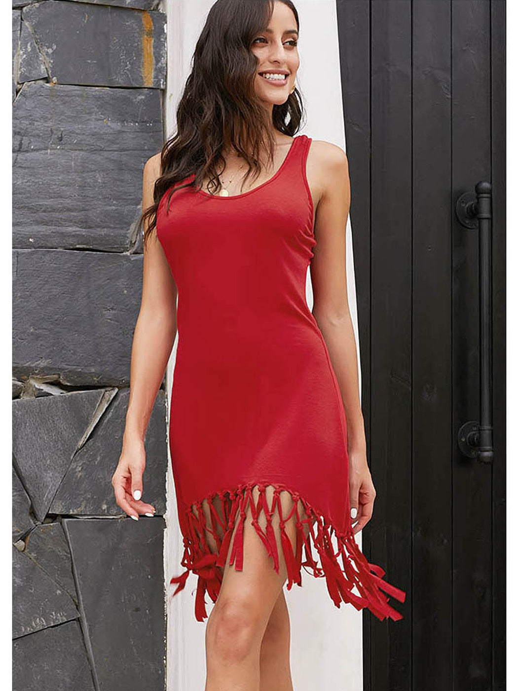 Vestido de verano sin mangas con borlas, informal, de color liso, estilo playero