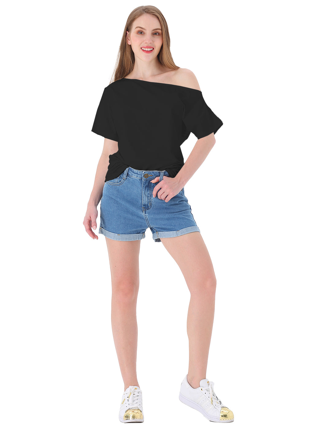 Blusa informal sexy con hombros descubiertos y elástica de algodón liso para mujer