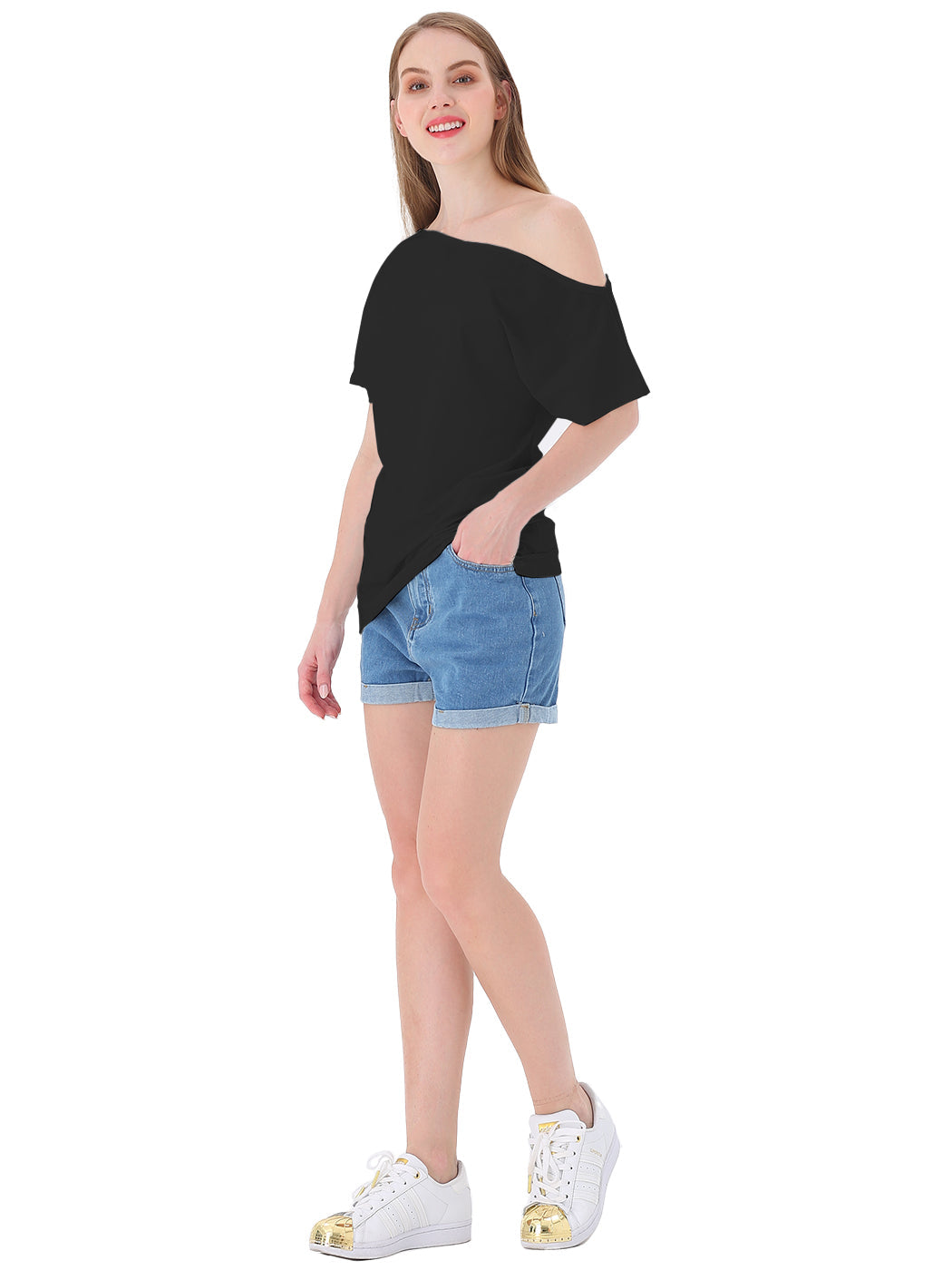 Blusa informal sexy con hombros descubiertos y elástica de algodón liso para mujer