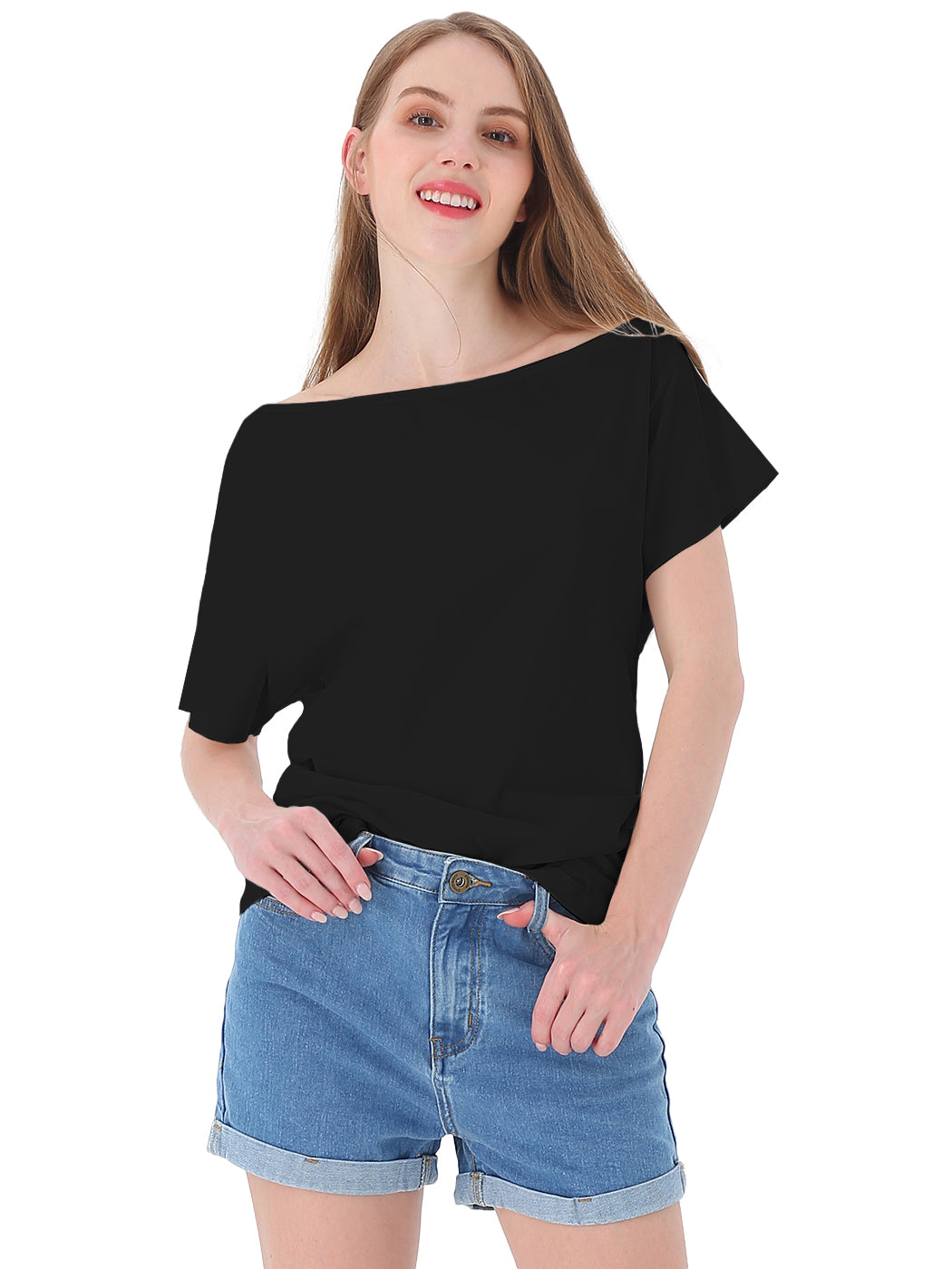 Blusa informal sexy con hombros descubiertos y elástica de algodón liso para mujer