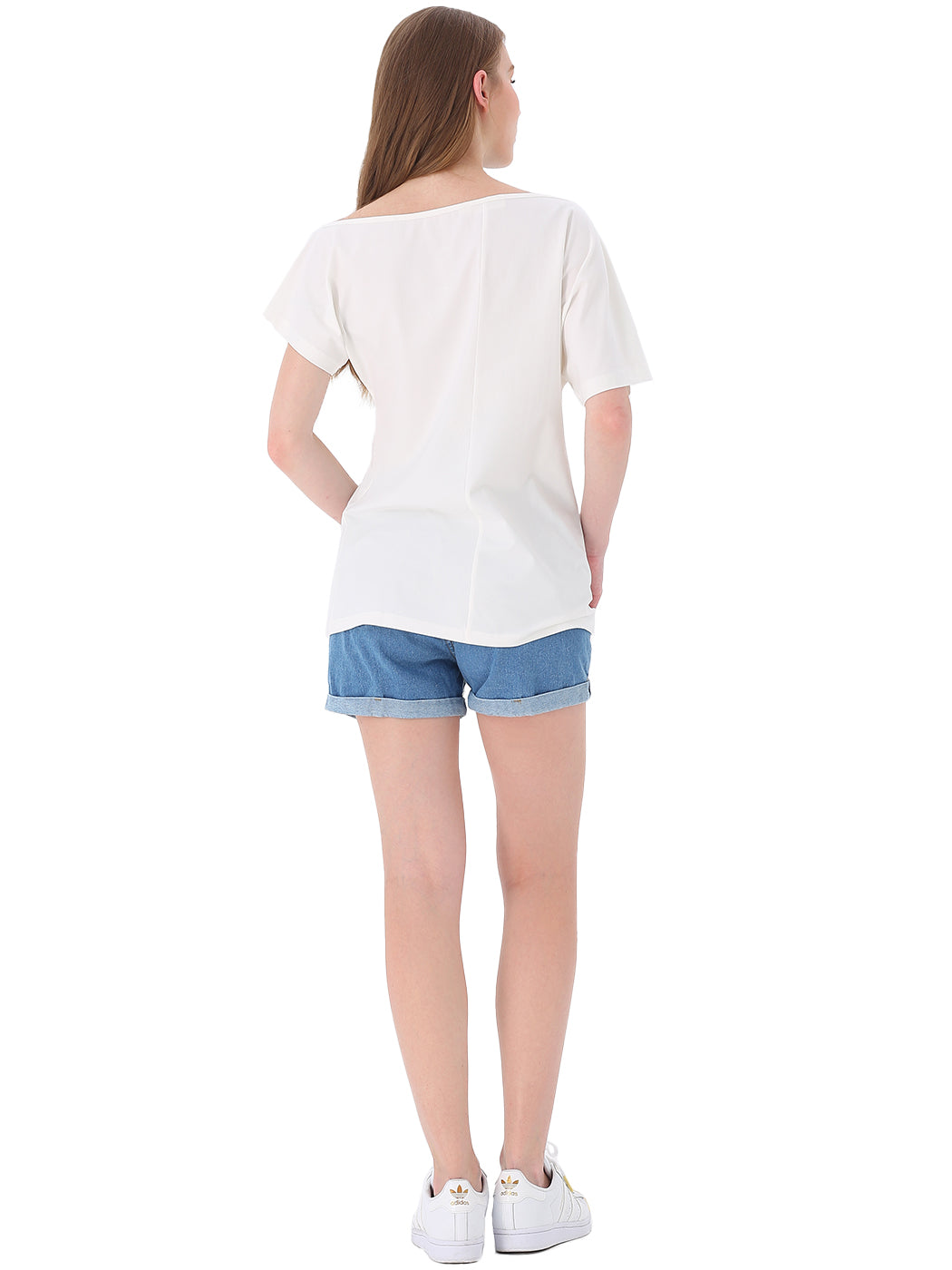 Blusa informal sexy con hombros descubiertos y elástica de algodón liso para mujer