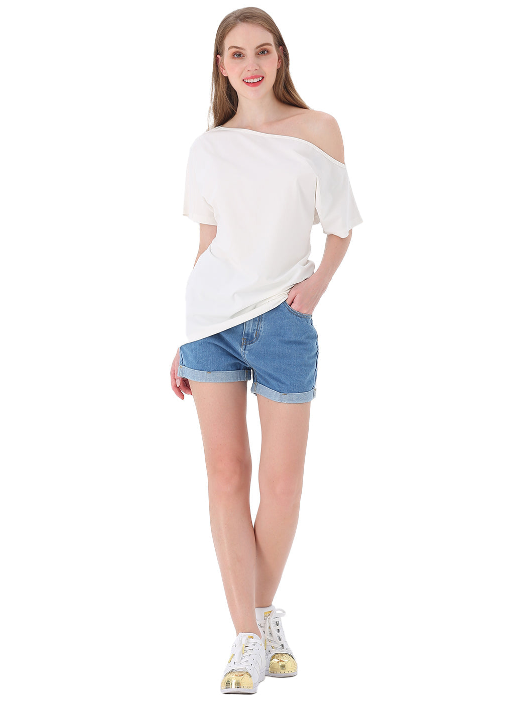 Blusa informal sexy con hombros descubiertos y elástica de algodón liso para mujer