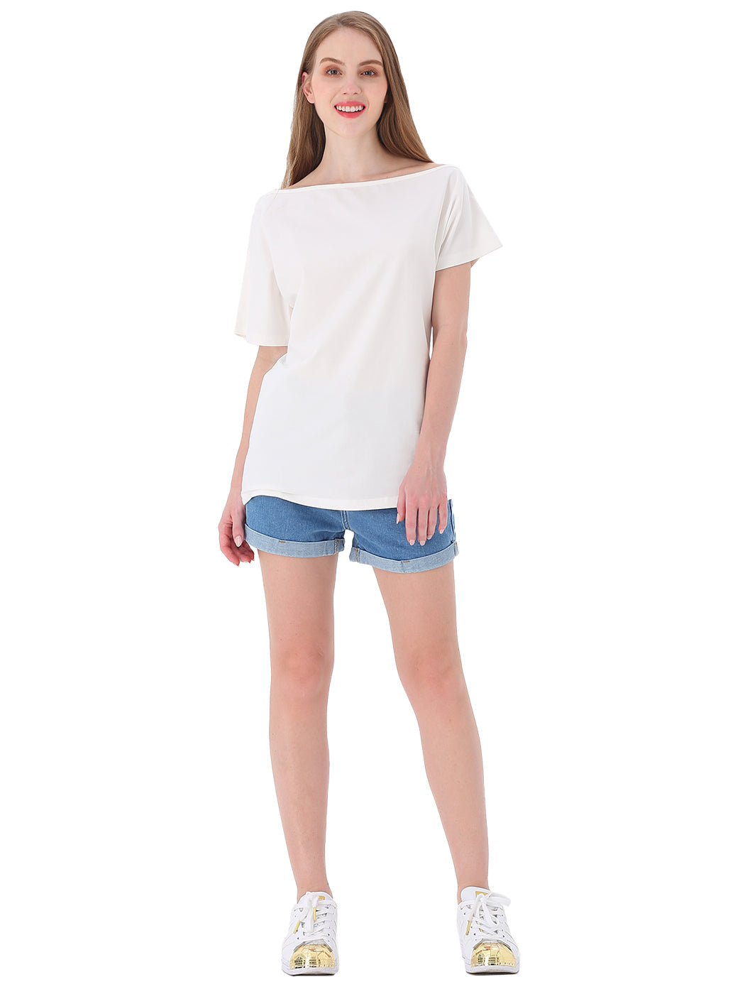 Blusa informal sexy con hombros descubiertos y elástica de algodón liso para mujer