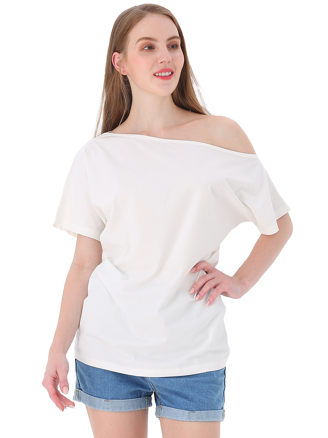 Blusa informal sexy con hombros descubiertos y elástica de algodón liso para mujer