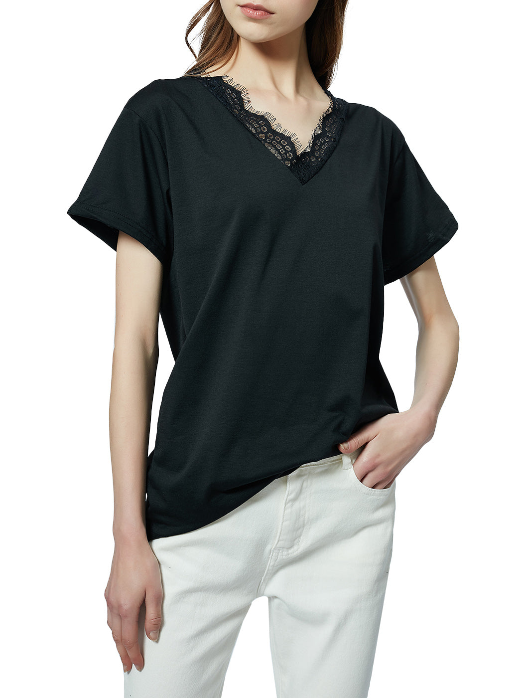 Blusa holgada de manga corta con escote en V y ribete de encaje con pestañas