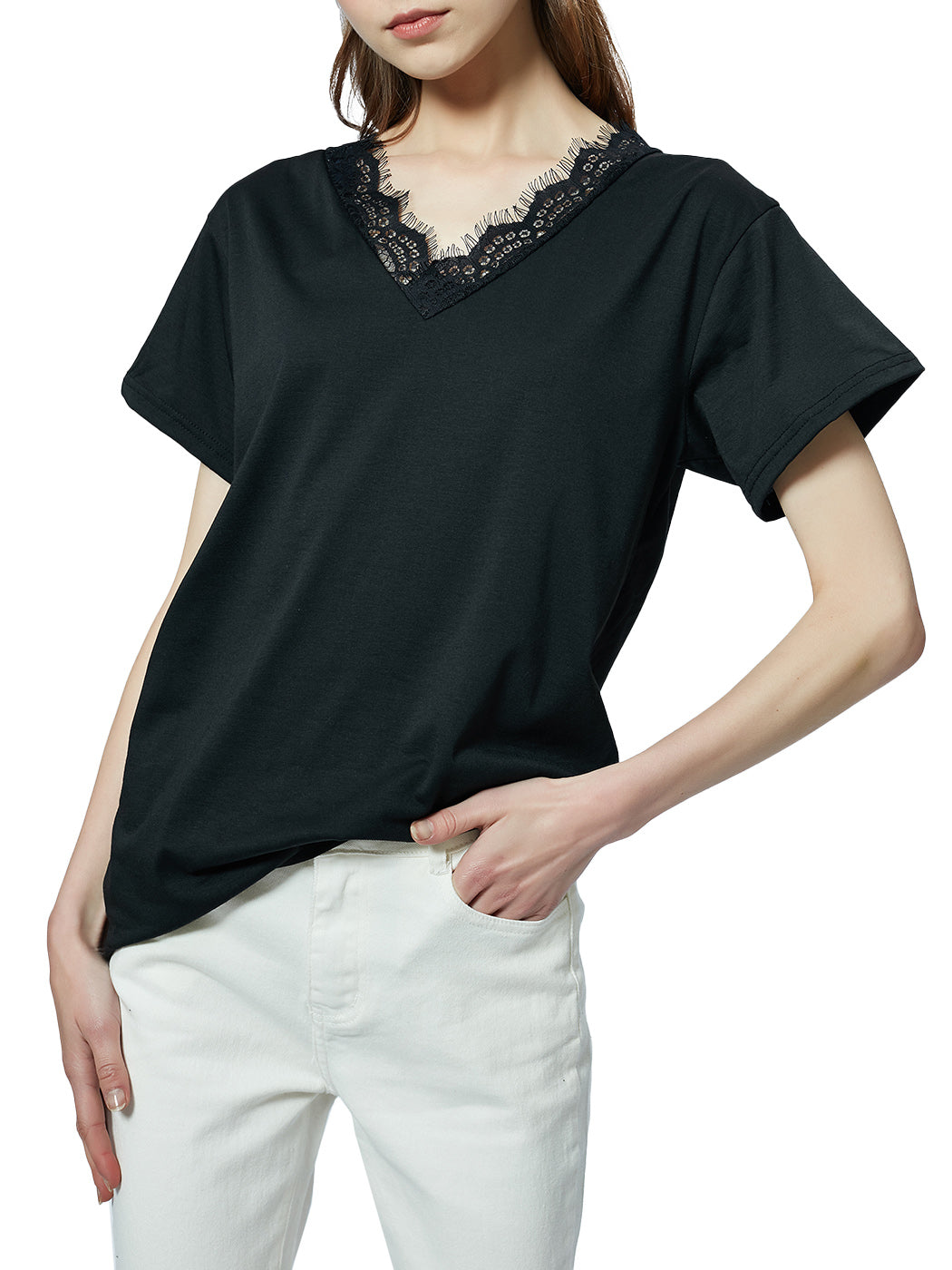 Blusa holgada de manga corta con escote en V y ribete de encaje con pestañas