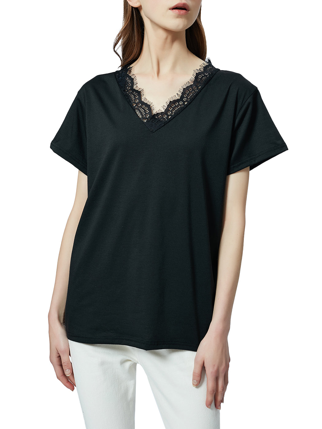 Blusa holgada de manga corta con escote en V y ribete de encaje con pestañas