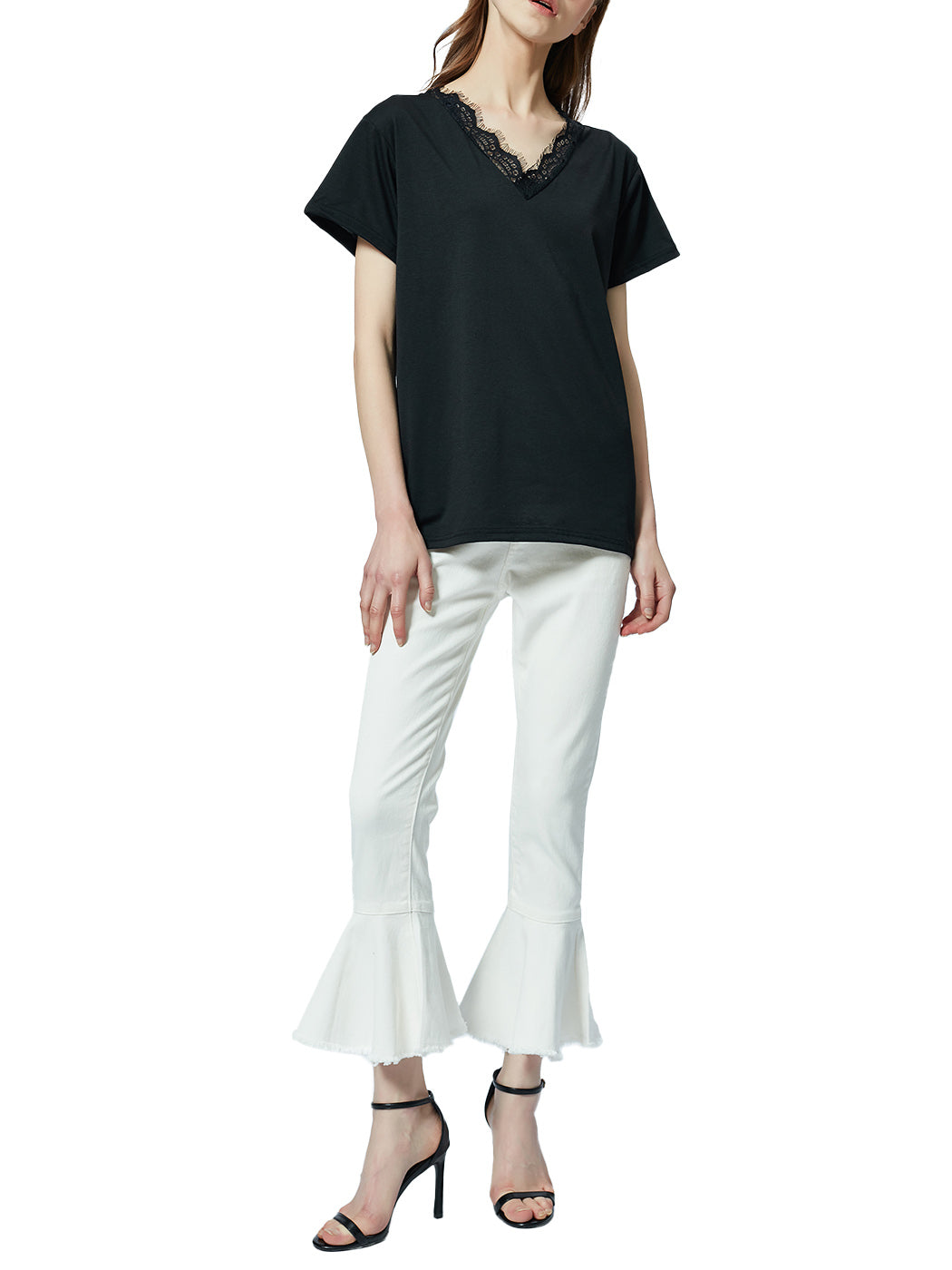Blusa holgada de manga corta con escote en V y ribete de encaje con pestañas
