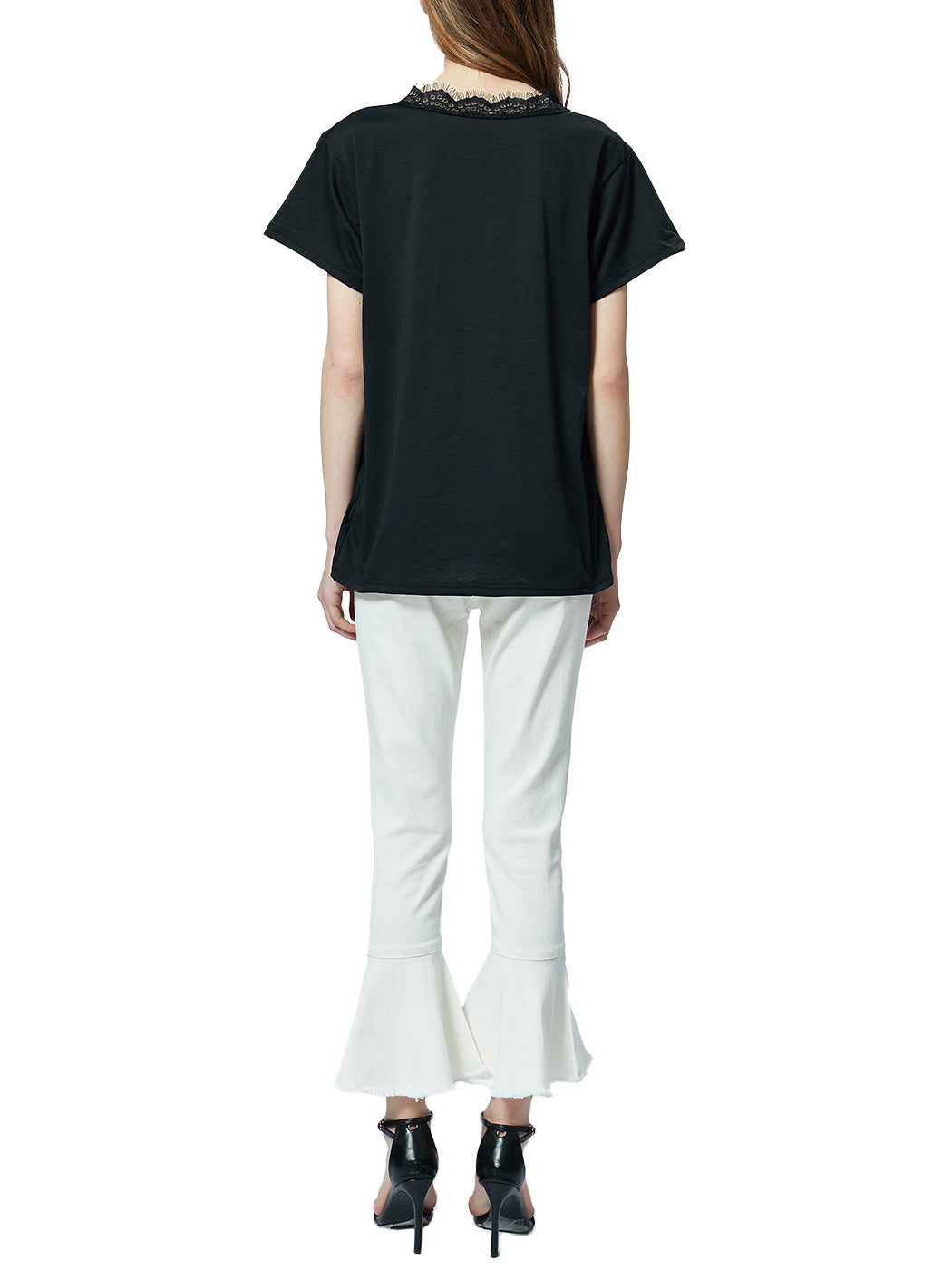 Blusa holgada de manga corta con escote en V y ribete de encaje con pestañas