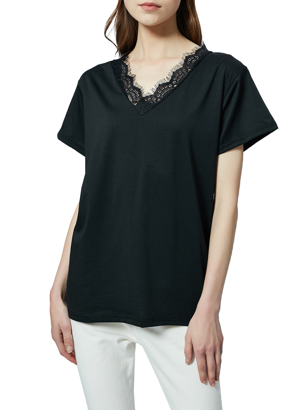 Blusa holgada de manga corta con escote en V y ribete de encaje con pestañas