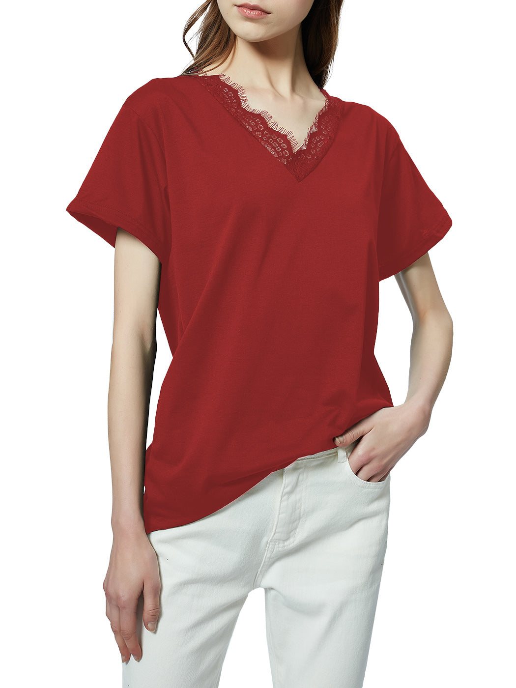 Blusa holgada de manga corta con escote en V y ribete de encaje con pestañas
