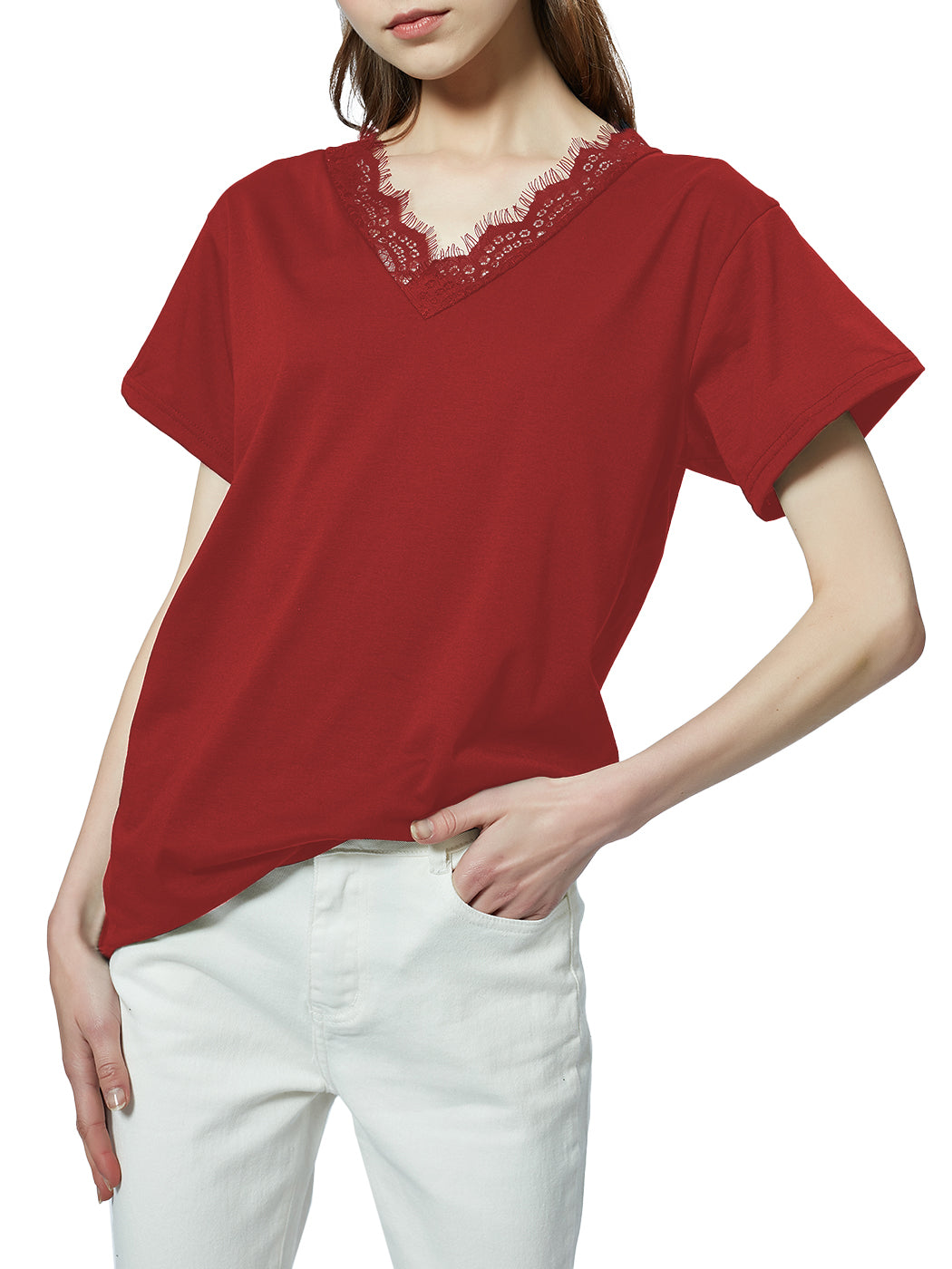 Blusa holgada de manga corta con escote en V y ribete de encaje con pestañas