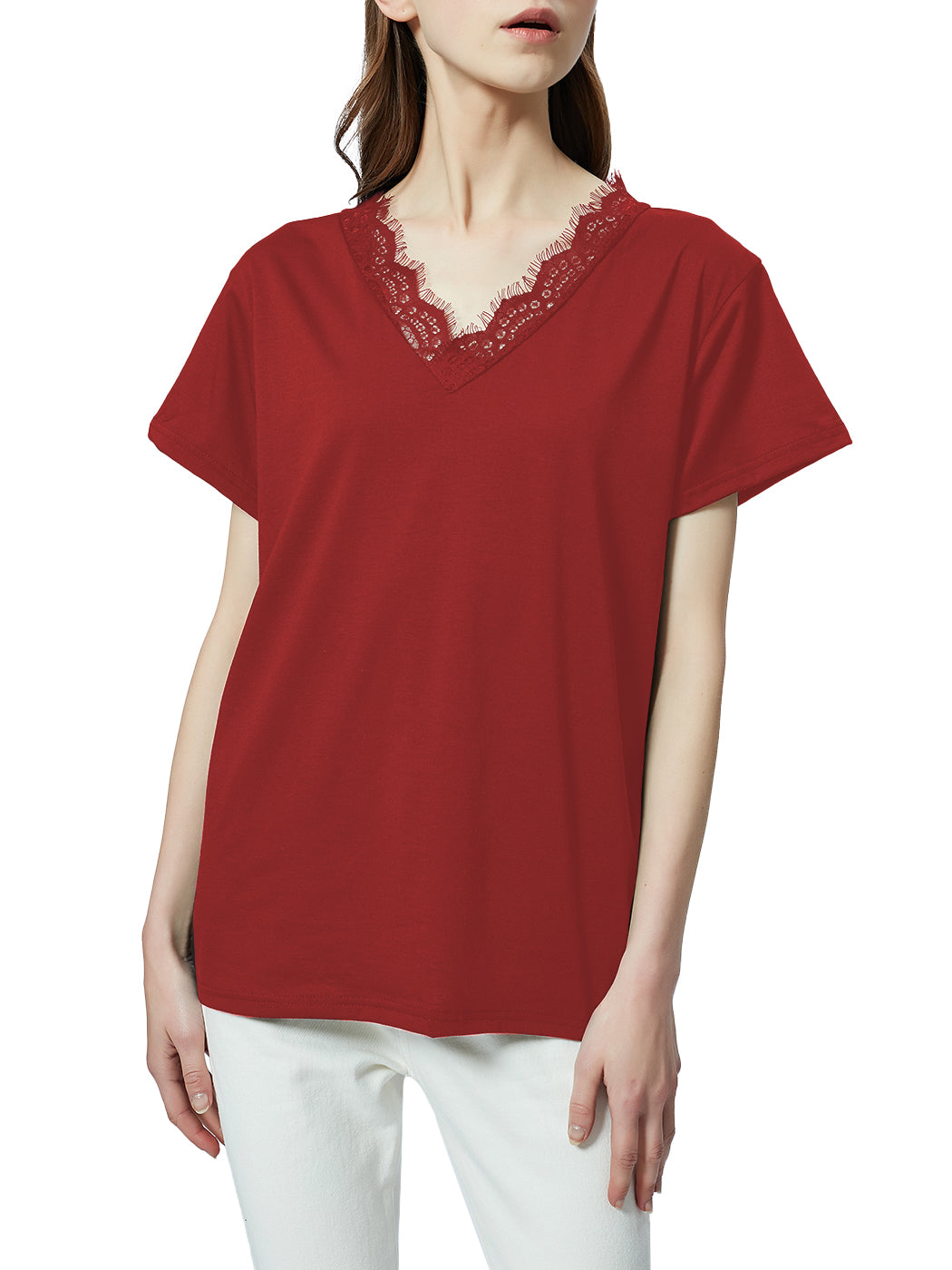Blusa holgada de manga corta con escote en V y ribete de encaje con pestañas