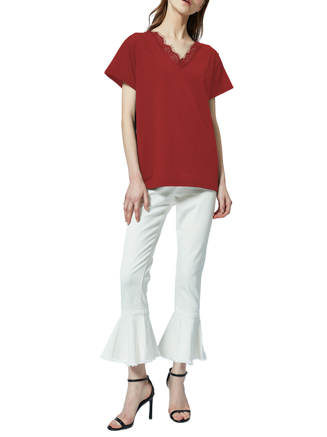 Blusa holgada de manga corta con escote en V y ribete de encaje con pestañas