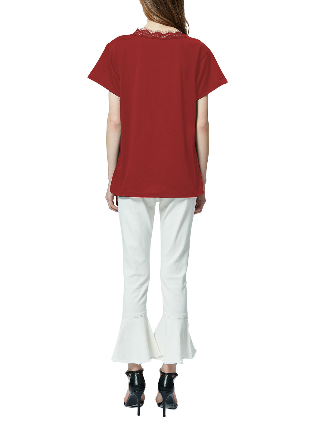 Blusa holgada de manga corta con escote en V y ribete de encaje con pestañas
